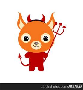 Cute little Halloween squirrel in a devil costume. Cartoon animal character for kids t-shirts, nursery decoration, baby shower, greeting card, invitation, house interior. Vector stock illustration