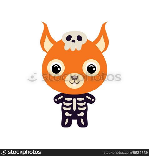 Cute little Halloween squirrel in a skeleton costume. Cartoon animal character for kids t-shirts, nursery decoration, baby shower, greeting card, invitation, house interior. Vector stock illustration