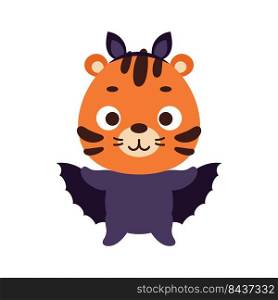 Cute little Halloween tiger in a bat costume. Cartoon animal character for kids t-shirts, nursery decoration, baby shower, greeting card, invitation, house interior. Vector stock illustration