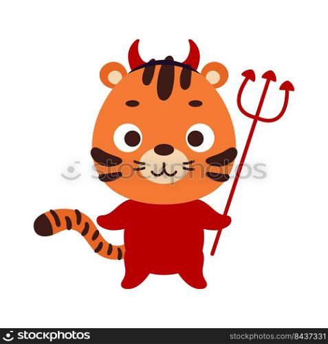 Cute little Halloween tiger in a devil costume. Cartoon animal character for kids t-shirts, nursery decoration, baby shower, greeting card, invitation, house interior. Vector stock illustration