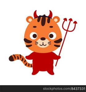 Cute little Halloween tiger in a devil costume. Cartoon animal character for kids t-shirts, nursery decoration, baby shower, greeting card, invitation, house interior. Vector stock illustration