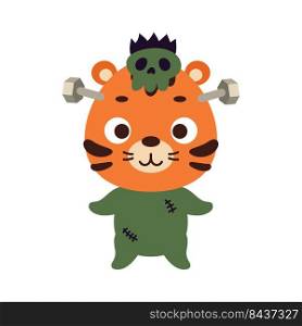 Cute little Halloween tiger in a Frankenstein costume. Cartoon animal character for kids t-shirts, nursery decoration, baby shower, greeting card, invitation, house interior. Vector stock illustration