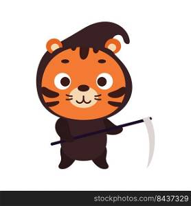 Cute little Halloween tiger in a grim Reaper costume. Cartoon animal character for kids t-shirts, nursery decoration, baby shower, greeting card, invitation, house interior. Vector stock illustration