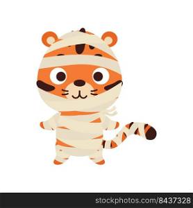 Cute little Halloween tiger in a mummy costume. Cartoon animal character for kids t-shirts, nursery decoration, baby shower, greeting card, invitation, house interior. Vector stock illustration