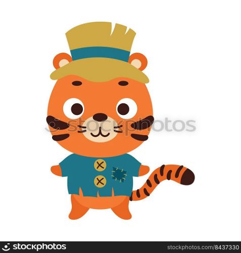 Cute little Halloween tiger in a scarecrow costume. Cartoon animal character for kids t-shirts, nursery decoration, baby shower, greeting card, invitation, house interior. Vector stock illustration