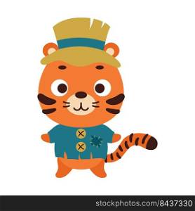 Cute little Halloween tiger in a scarecrow costume. Cartoon animal character for kids t-shirts, nursery decoration, baby shower, greeting card, invitation, house interior. Vector stock illustration