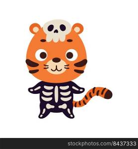Cute little Halloween tiger in a skeleton costume. Cartoon animal character for kids t-shirts, nursery decoration, baby shower, greeting card, invitation, house interior. Vector stock illustration