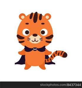 Cute little Halloween tiger in a v&ire costume. Cartoon animal character for kids t-shirts, nursery decoration, baby shower, greeting card, invitation, house interior. Vector stock illustration