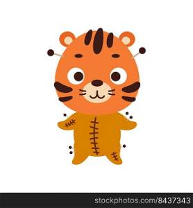 Cute little Halloween tiger in a voodoo costume. Cartoon animal character for kids t-shirts, nursery decoration, baby shower, greeting card, invitation, house interior. Vector stock illustration