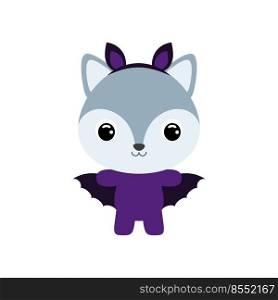 Cute little Halloween wolf in a bat costume. Cartoon animal character for kids t-shirts, nursery decoration, baby shower, greeting card, invitation, house interior. Vector stock illustration