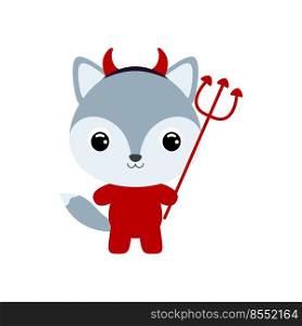 Cute little Halloween wolf in a devil costume. Cartoon animal character for kids t-shirts, nursery decoration, baby shower, greeting card, invitation, house interior. Vector stock illustration