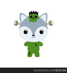 Cute little Halloween wolf in a Frankenstein costume. Cartoon animal character for kids t-shirts, nursery decoration, baby shower, greeting card, invitation. Vector stock illustration