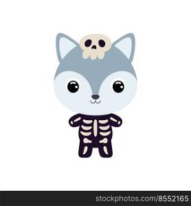 Cute little Halloween wolf in a skeleton costume. Cartoon animal character for kids t-shirts, nursery decoration, baby shower, greeting card, invitation, house interior. Vector stock illustration