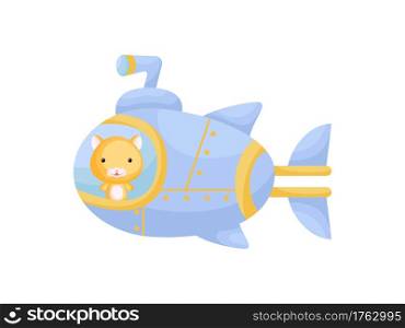Cute little hamster sail on blue submarine. Cartoon character for childrens book, album, baby shower, greeting card, party invitation, house interior. Vector stock illustration.