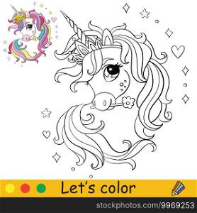 Cute little head of unicorn. Coloring book page with colorful template. Vector cartoon illustration isolated on white background. For coloring book, preschool education, print, design, decor and game.. Coloring vector cute little head of unicorn with stars