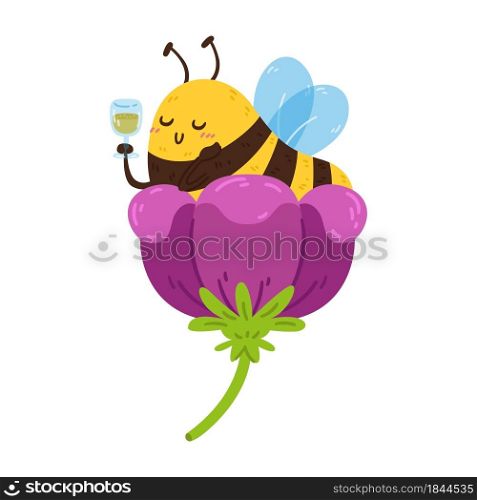 Cute little honey bee in flower with wineglass of nectar. The striped insect resting during the break. Vector character isolated illustration on white background.