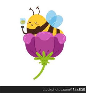 Cute little honey bee in flower with wineglass of nectar. The striped insect resting during the break. Vector character isolated illustration on white background.