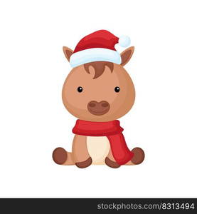 Cute little horse sitting in a Santa hat and red scarf. Cartoon animal character for kids t-shirts, nursery decoration, baby shower, greeting card, invitation. Isolated vector stock illustration