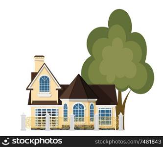Cute little house. Cartoon house with a beautiful fence and green tree on a white background. Illustration of the cozy rural home, isolate. Stock vector