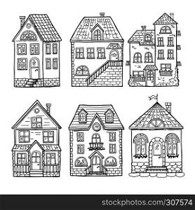 Cute little houses and different roofs. Doodle vector illustration of home. Architecture hand drawn house with window and door. Cute little houses and different roofs. Doodle vector illustration of home