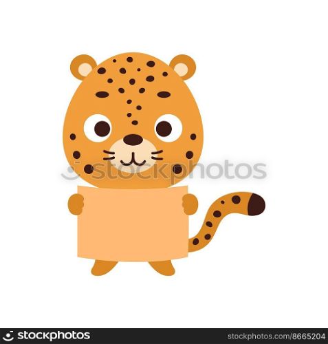 Cute little jaguar holding paper sheet on white background. Cartoon animal character for kids t-shirt, nursery decoration, baby shower, greeting card, house interior. Vector stock illustration