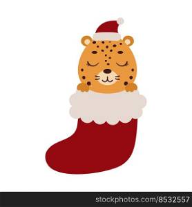 Cute little jaguar in Christmas sock. Cartoon animal character for kids cards, baby shower, invitation, poster, t-shirt composition, house interior. Vector stock illustration.