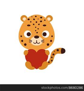 Cute little jaguar sitting and holding heart on white background. Cartoon animal character for kids t-shirt, nursery decoration, baby shower, greeting card, house interior. Vector stock illustration