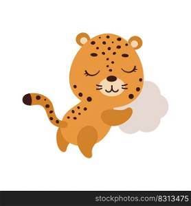 Cute little jaguar sleeping on cloud. Cartoon animal character for kids t-shirt, nursery decoration, baby shower, greeting cards, invitations, house interior. Vector stock illustration