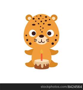 Cute little jaguar with birthday cake on white background. Cartoon animal character for kids cards, baby shower, invitation, poster, t-shirt composition, house interior. Vector stock illustration