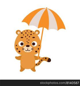 Cute little jaguar with umbrella. Cartoon animal character for kids t-shirts, nursery decoration, baby shower, greeting card, invitation, house interior. Vector stock illustration