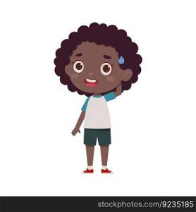 Cute little kid african girl confused. Cartoon schoolgirl character show facial expression. Vector illustration.
