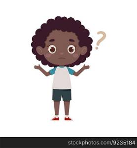 Cute little kid african girl confused with question mark. Cartoon schoolgirl character show facial expression. Vector illustration.