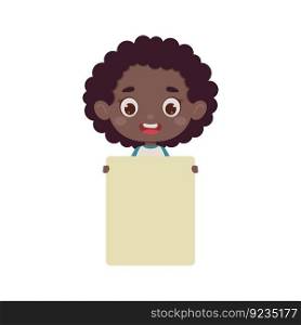 Cute little kid african girl holding empty blank board. Cartoon child character. Vector illustration.