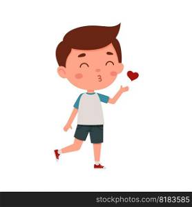 Cute little kid boy blowing a kiss. Cartoon schoolboy character show facial expression. Vector illustration.