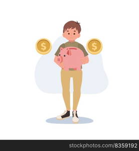 cute little kid boy carry piggy bank. Children finances and savings concept. Vector illustration