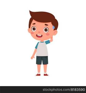 Cute little kid boy confused. Cartoon schoolboy character show facial expression. Vector illustration.