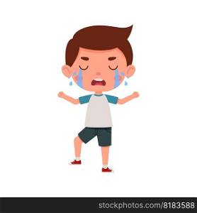 Cute little kid boy cry. Cartoon schoolboy character show facial expression. Vector illustration.