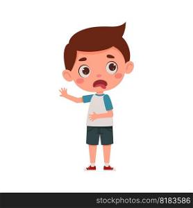 Cute little kid boy feeling disgusted. Cartoon schoolboy character show facial expression. Vector illustration.