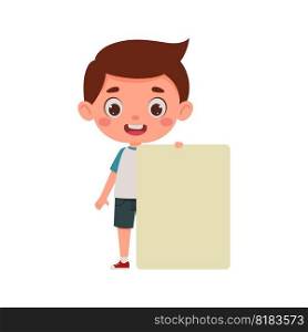 Cute little kid boy with empty blank paper. Cartoon child character. Vector illustration.