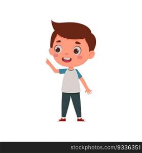 Cute little kid boy with great idea. Template for children design. Cartoon schoolboy character show facial expression. Vector illustration.