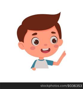 Cute little kid boy with great idea. Template for children design. Cartoon schoolboy character show facial expression. Vector illustration.