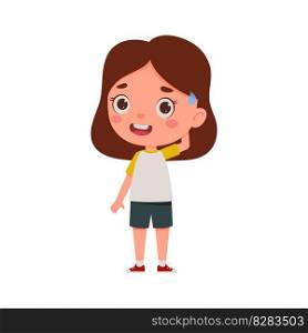 Cute little kid girl confused. Cartoon schoolgirl character show facial expression. Vector illustration.