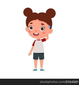 Cute little kid girl confused. Cartoon schoolgirl character show facial expression. Vector illustration.