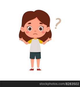 Cute little kid girl confused with question mark. Cartoon schoolgirl character show facial expression. Vector illustration.