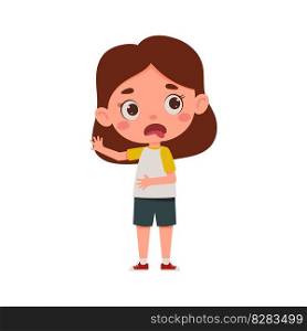 Cute little kid girl feeling disgusted. Cartoon schoolgirl character show facial expression. Vector illustration.