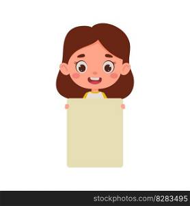 Cute little kid girl holding empty blank board. Cartoon child character. Vector illustration.