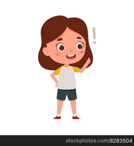 Cute little kid girl with great idea. Cartoon schoolgirl character show facial expression. Vector illustration.