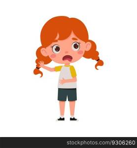 Cute little kid girl with red hair feeling disgusted. Cartoon schoolgirl character show facial expression. Vector illustration.