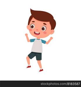 Cute little kid happy boy jump. Cartoon schoolboy character show facial expression. Vector illustration.