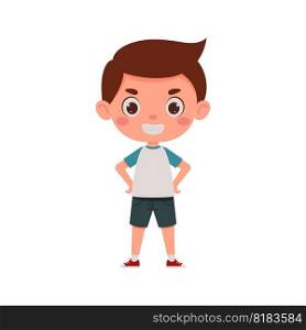 Cute little kid happy boy smile. Cartoon schoolboy character show facial expression. Vector illustration.
